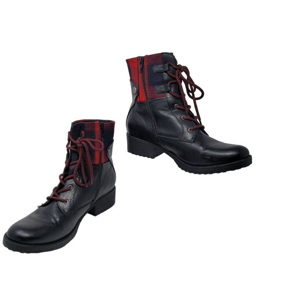 Baretraps O'Neil Lace-Up HIker Boots‎ 10 Plaid Black Red Vegan Leather Academia